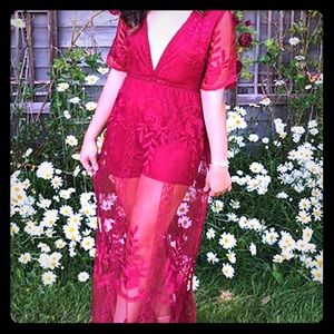 Wine Red Lace Maxi Romper